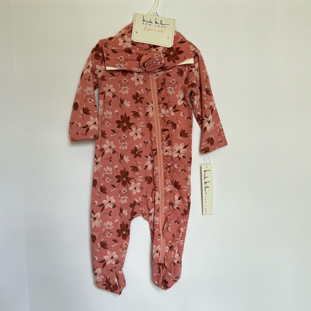 NWT Baby Girls 2 Pc Footie Pajamas , Floral Pink, Matching Hat, 6-9M